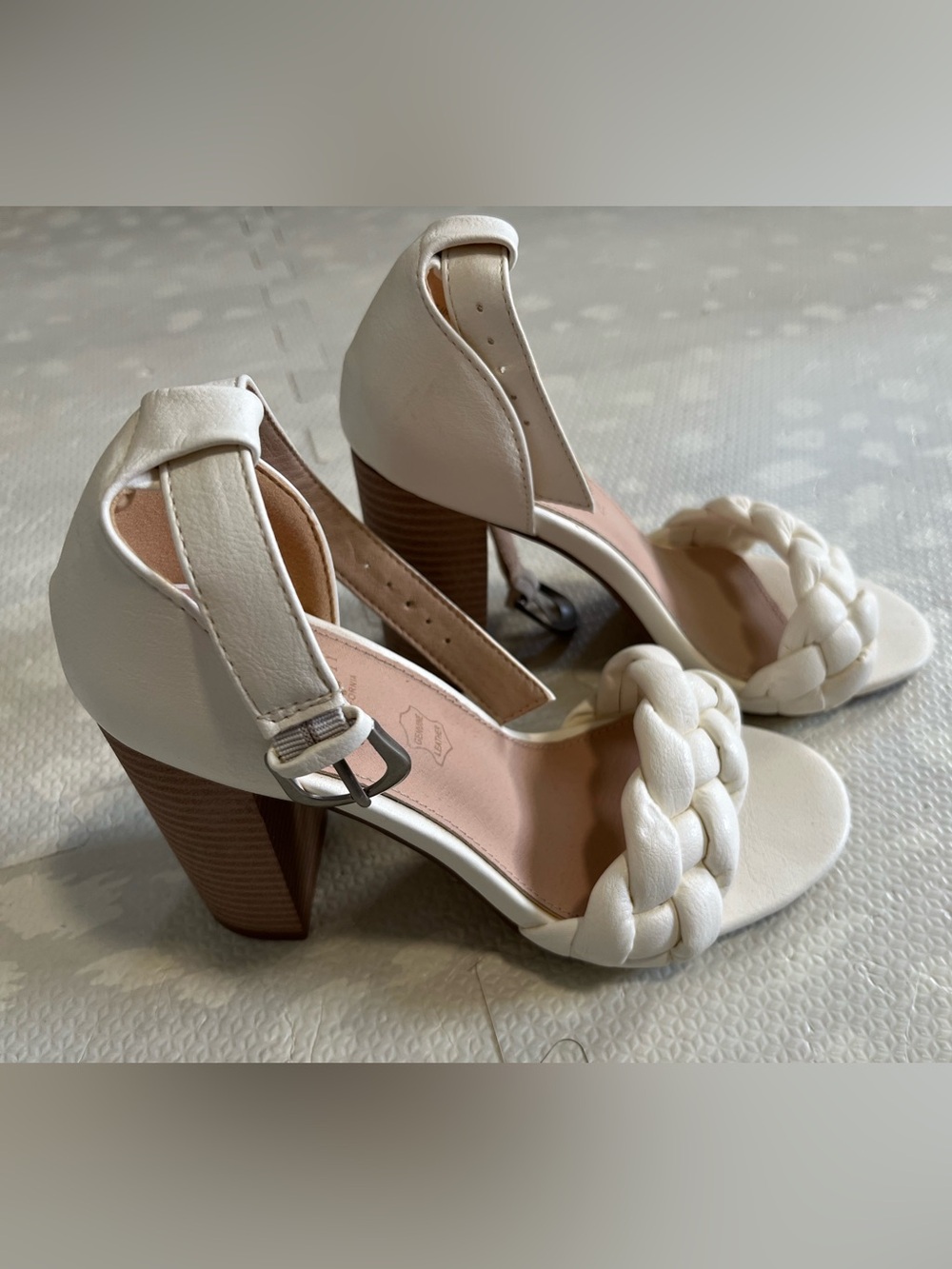 Braided Ivory Block Heel Sandals with Ankle Strap